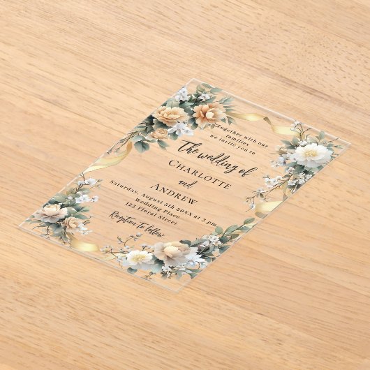 Gele bloemen gouden lint duidelijke bruiloft acryl uitnodigingen (Laagn)