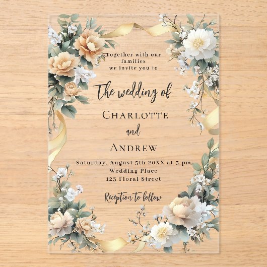 Gele bloemen gouden lint duidelijke bruiloft acryl uitnodigingen (Voorkant)