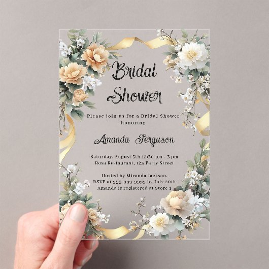 Gele bloemen gouden lint Vrijgezellenfeest Acryl Uitnodigingen (Insitu (Draagbaar))