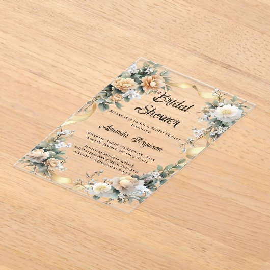 Gele bloemen gouden lint Vrijgezellenfeest Acryl Uitnodigingen (Laagn)