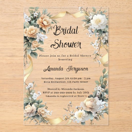 Gele bloemen gouden lint Vrijgezellenfeest Acryl Uitnodigingen (Voorkant)