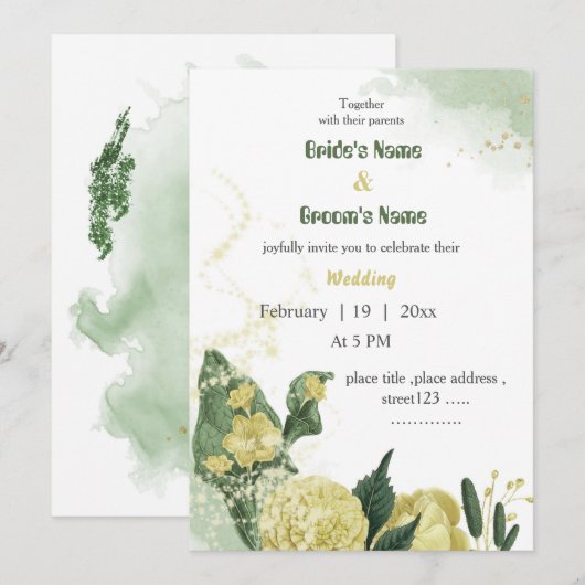 gele bloemen groen bruiloft kaart (Voorkant / Achterkant)
