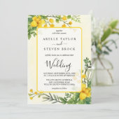 Gele bloemen groen transparantie lijst bruiloft kaart (Staand voorkant)