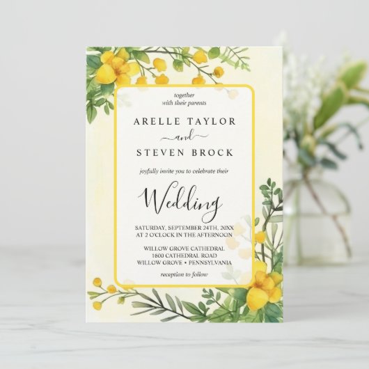 Gele bloemen groen transparantie lijst bruiloft kaart (Staand voorkant)