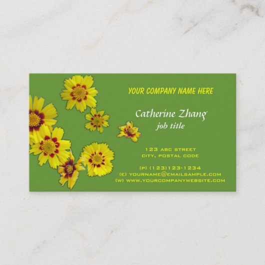 gele bloemen groen visitekaartje (Voorkant)