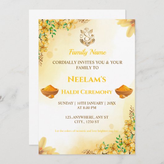 Gele Bloemen Haldi Ceremonie Uitnodiging (Voorkant / Achterkant)