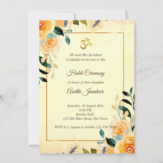 Gele bloemen Haldi Pithi uitnodiging sjabloon (Achterkant)
