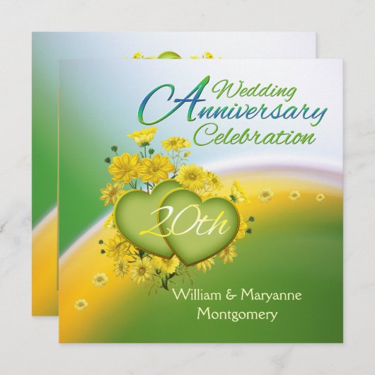 Gele Bloemen Harten 20e Jubileumfeest Kaart (Voorkant / Achterkant)