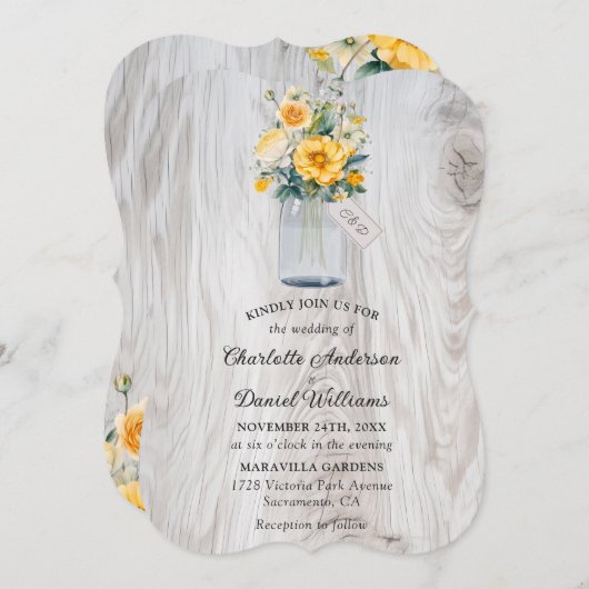 Gele Bloemen Hout Mason Jar Bruiloft Kaart (Voorkant / Achterkant)