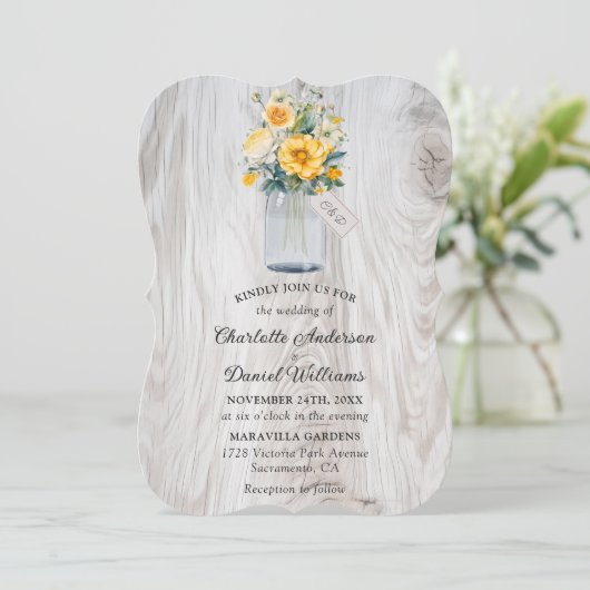 Gele Bloemen Hout Mason Jar Bruiloft Kaart (Staand voorkant)