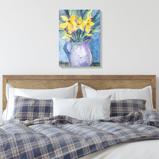 Gele bloemen in blauwe vaas waterverf canvas afdruk (Insitu (Slaapkamer))