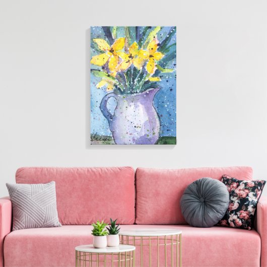 Gele bloemen in blauwe vaas waterverf canvas afdruk (Insitu (Woonkamer))