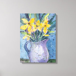 Gele bloemen in de waterverf Blauwe Vase Canvas Afdruk