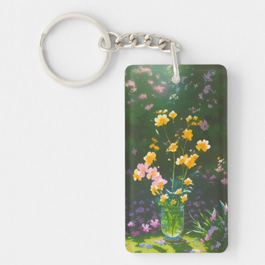 Gele bloemen in een pot acryl Sleutelhanger (Voorkant)