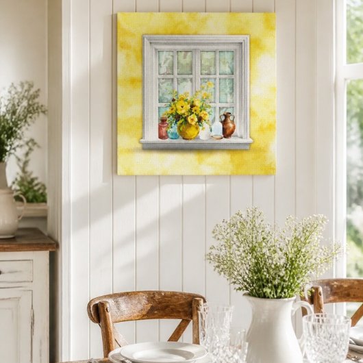 Gele bloemen in een raam canvas afdruk