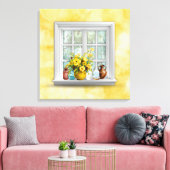 Gele bloemen in een raam canvas afdruk (Insitu (Woonkamer))