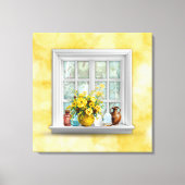 Gele bloemen in een raam canvas afdruk (Voorkant)