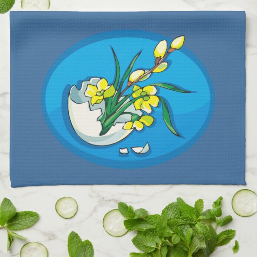 Gele bloemen in eiblauw theedoek (Gevouwen)