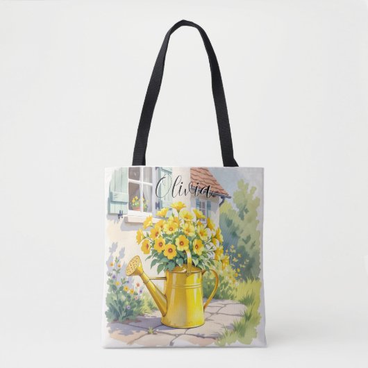  gele bloemen in gieter kan gepersonaliseerd worde tote bag (Voorkant)