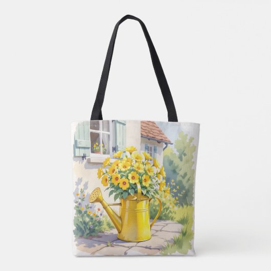  gele bloemen in gieter kan gepersonaliseerd worde tote bag (Achterkant)