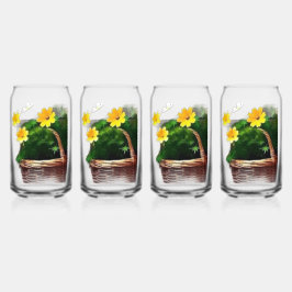 Gele Bloemen in Mand – Vintage Bloemensticker  Blikvorm Glas