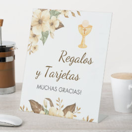 Gele bloemen in Spaanse Eerste Communie Reclamebord Met Voetstuk