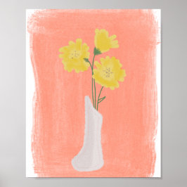Gele bloemen in vaas handgetekende kunst B Poster