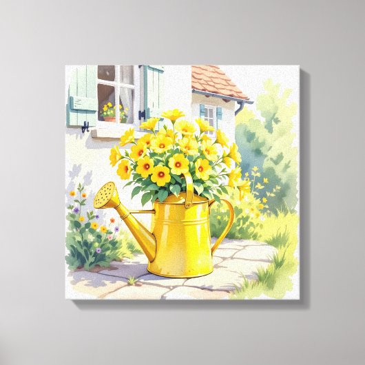 Gele Bloemen in Watering Can Canvas Afdruk (Voorkant)