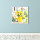 Gele Bloemen in Watering Can Canvas Afdruk (Insitu (Houten vloer))