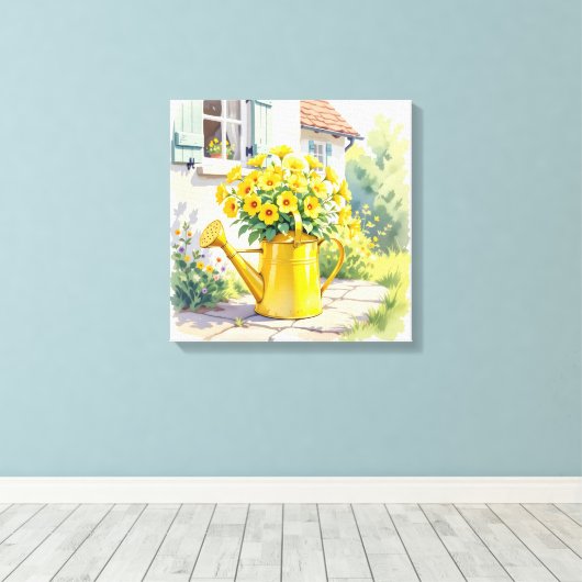  Gele Bloemen in Watering Can Canvas Afdruk (Insitu (Houten vloer))