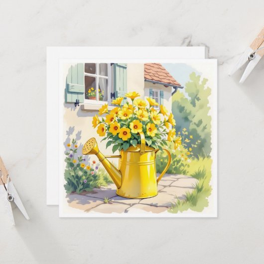  Gele Bloemen in Watering Can Kaart (Voorkant / Achterkant in situ)