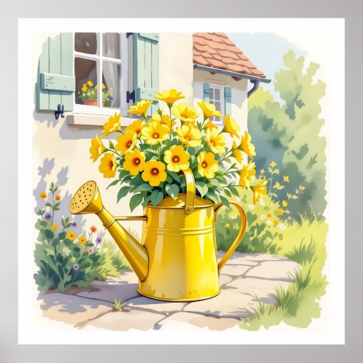  Gele Bloemen in Watering Can Poster (Voorkant)