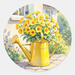 Gele Bloemen in Watering Can Ronde Sticker