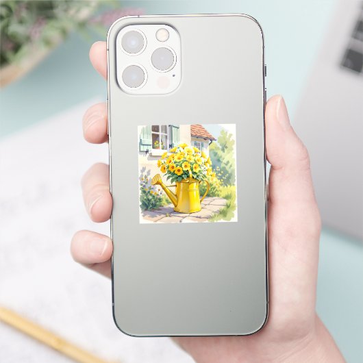 Gele Bloemen in Watering Can Sticker (Telefoon)