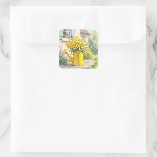  Gele Bloemen in Watering Can Vierkante Sticker (Tas)