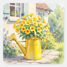  Gele Bloemen in Watering Can Vierkante Sticker