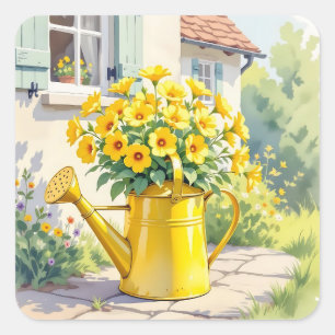 Gele Bloemen in Watering Can Vierkante Sticker