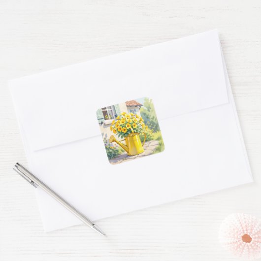 Gele Bloemen in Watering Can Vierkante Sticker (Envelop)