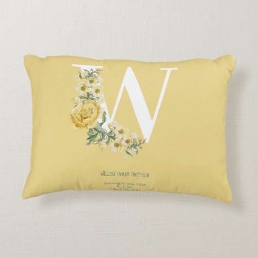 Gele  bloemen Initiaal Baby Birth Stats Accent Kussen (Achterkant)