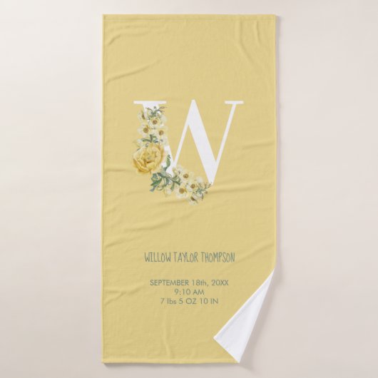 Gele bloemen Initiaal Baby Birth Stats Bad Handdoek (Badhanddoek)
