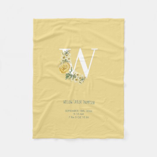 Gele  bloemen Initiaal Baby Birth Stats Fleece Deken (Voorkant)