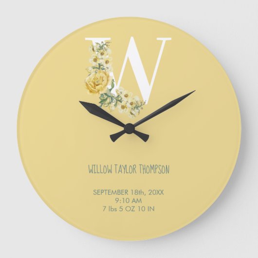 Gele bloemen Initiaal Baby Birth Stats Grote Klok (Voorkant)