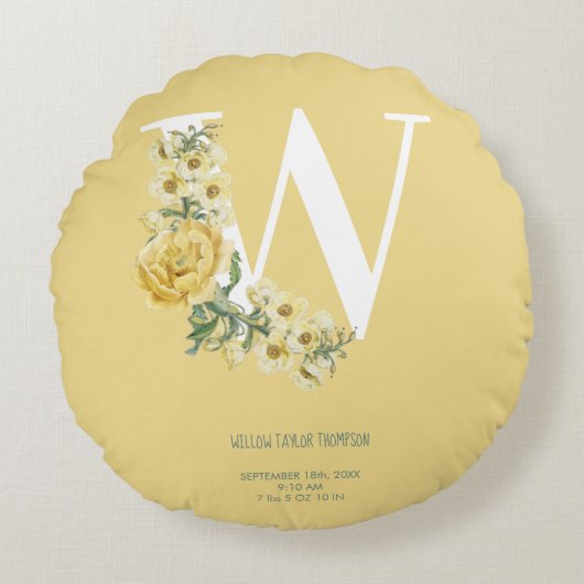 Gele  bloemen Initiaal Baby Birth Stats Rond Kussen (Voorkant)