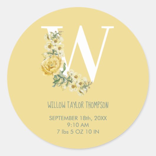 Gele  bloemen Initiaal Baby Birth Stats Ronde Sticker (Voorkant)