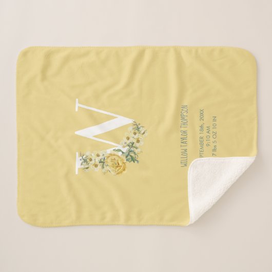Gele  bloemen Initiaal Baby Birth Stats Sherpa Deken (Voorkant (horizontaal))
