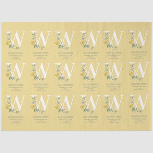 Gele  bloemen Initiaal Baby Birth Stats Tissuepapier (Voorkant)