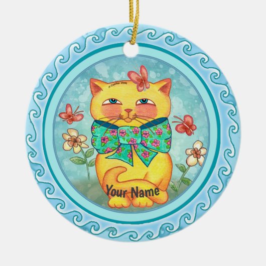 Gele Bloemen kat Keramisch Ornament (Voorkant)