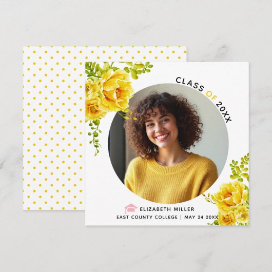 Gele bloemen Klasse van 2025 afstuderen foto Aankondiging (Voorkant / Achterkant)
