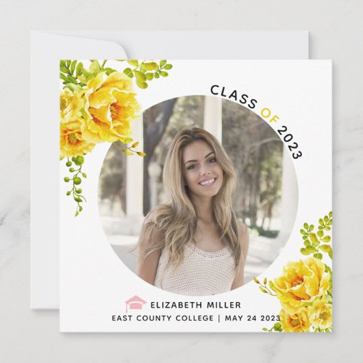 Gele bloemen Klasse van 2025 afstuderen foto Aankondiging (Voorkant)