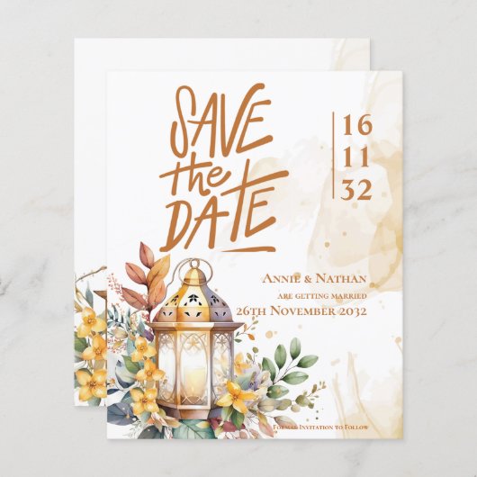 Gele Bloemen Lantaarn Fall Wedding Save the Date (Voorkant / Achterkant)